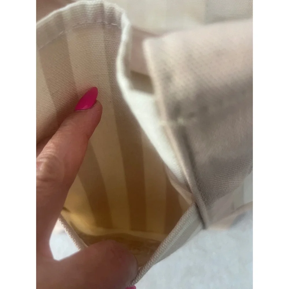 Trader Joe's Mini Canvas Tote Bag Tan Cream Striped Embroidered Logo Small Bag